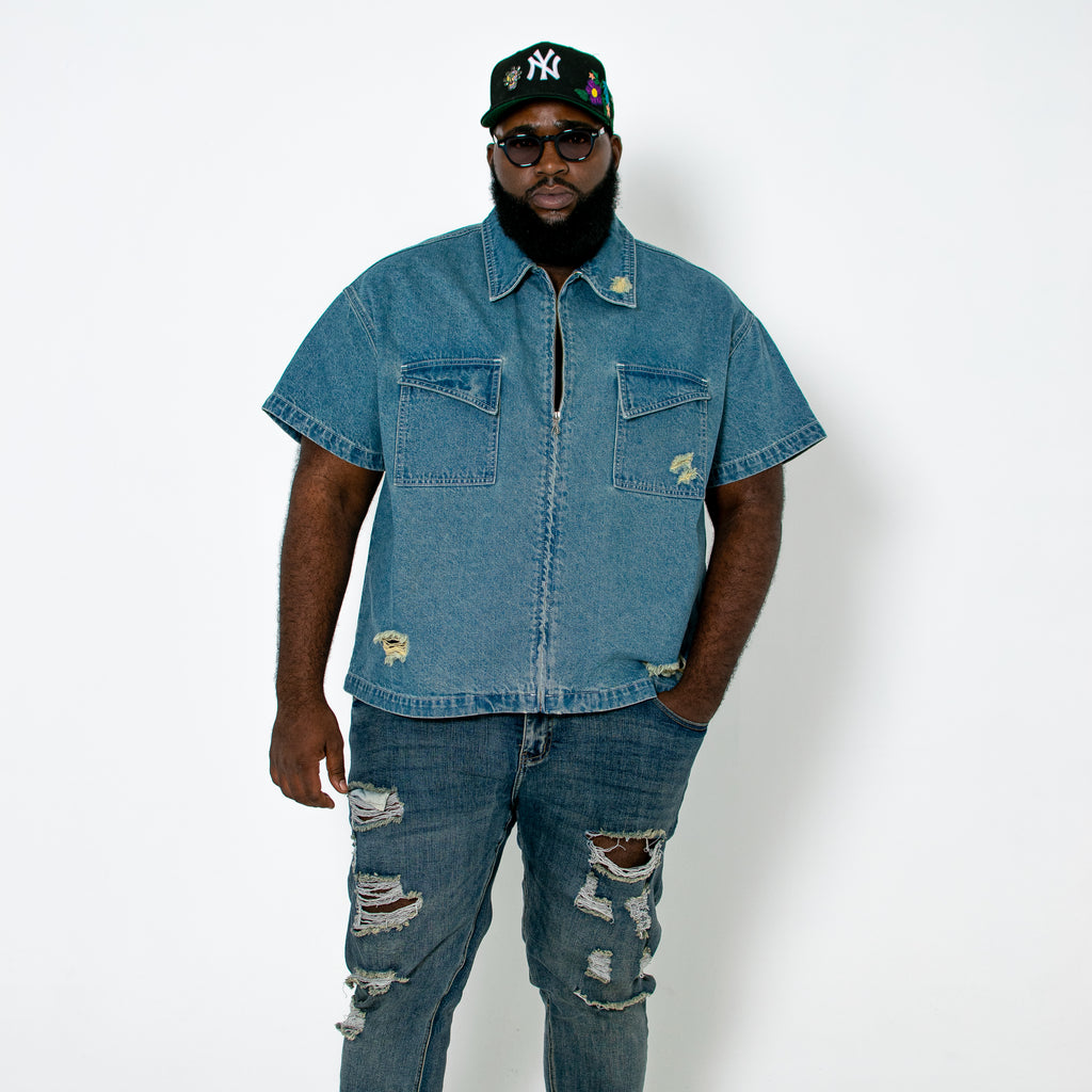 NYC Skyline Distressed Denim Shirt
