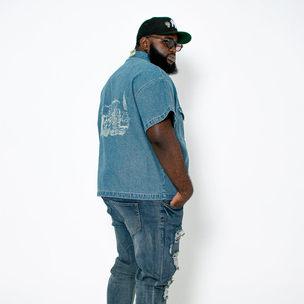 NYC Skyline Distressed Denim Shirt