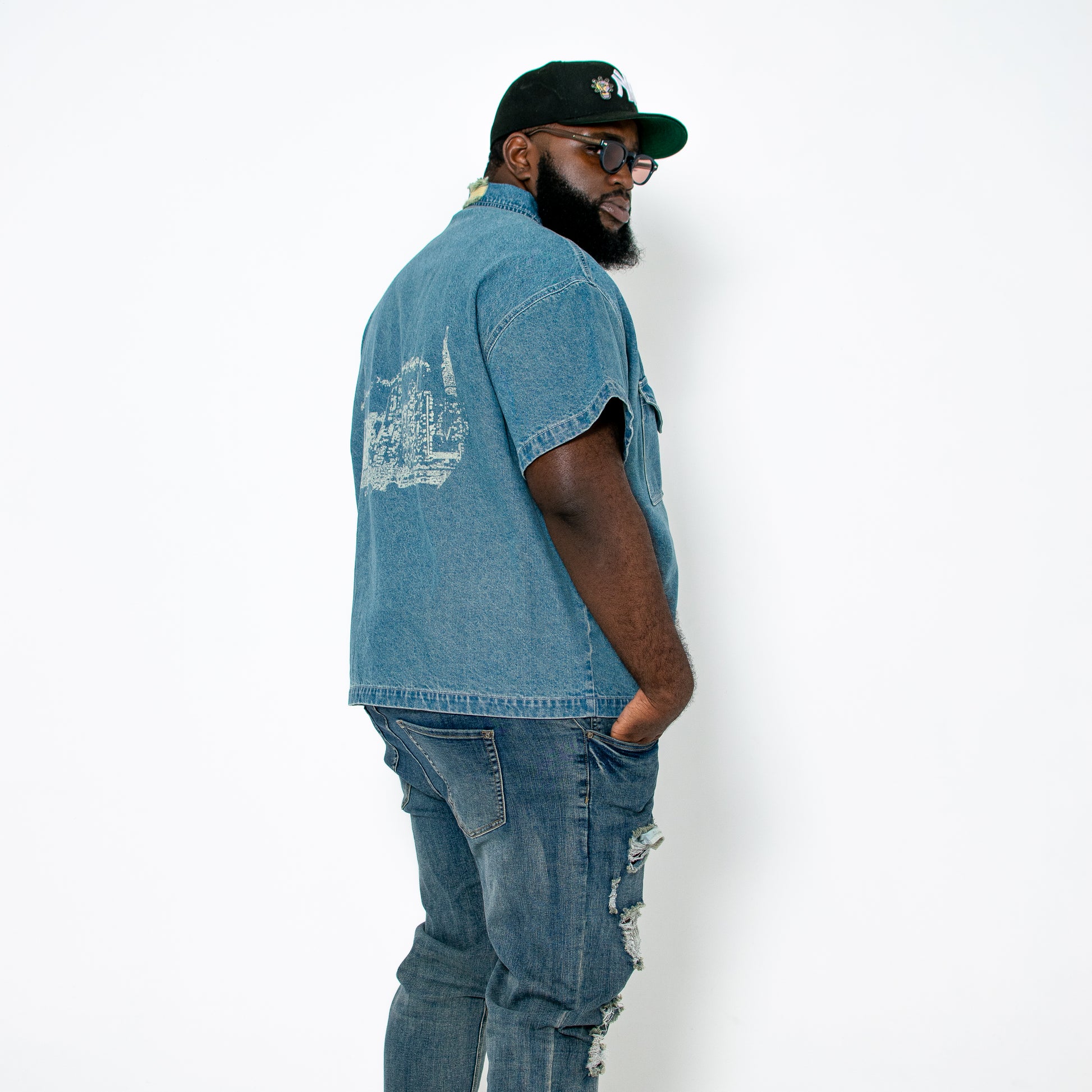 NYC Skyline Distressed Denim Shirt