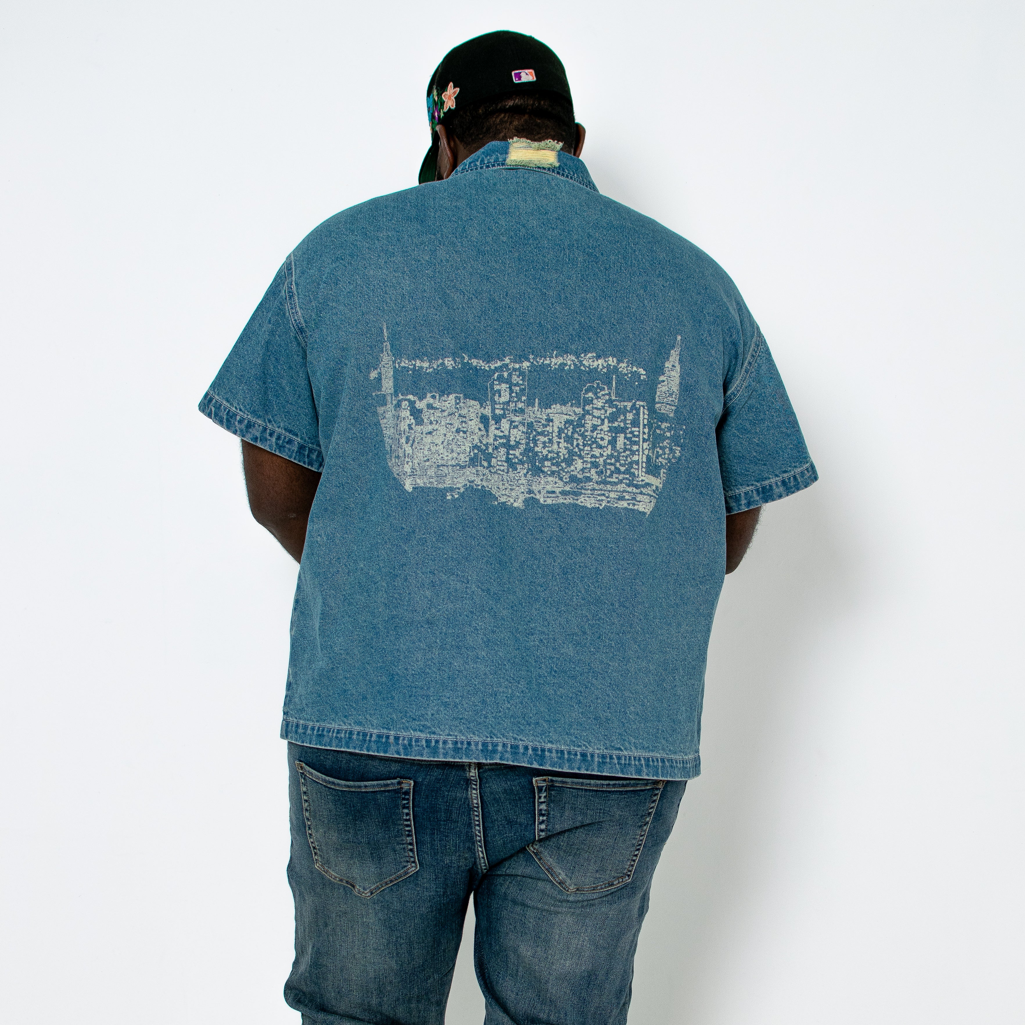 NYC Skyline Distressed Denim Shirt